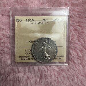 1915 France 2 Franc Silver Coin – AU50 – Semeuse / World War I Era
